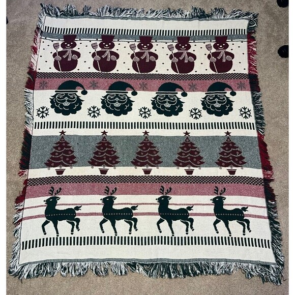 Vintage Christmas Reversible Tapestry Blanket Santa Fringed Throw 44” x 51” - Picture 2 of 6